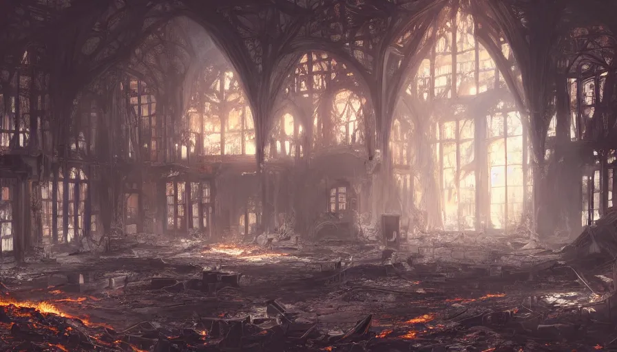 Image similar to Digital painting of the interior of a burning huge destroyed English manor, hyperdetailed, artstation, cgsociety, 8k