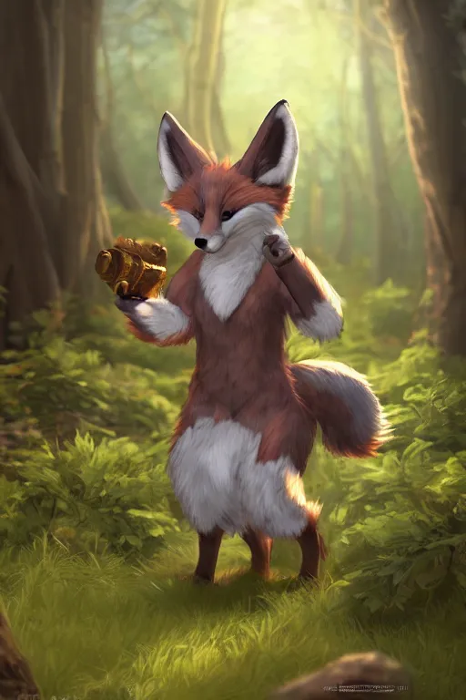 Image similar to a medieval fox furry fursona with a fluffy tail in a forest, backlighting, cgi, rendered in unreal engine, trending on artstation, cartoon