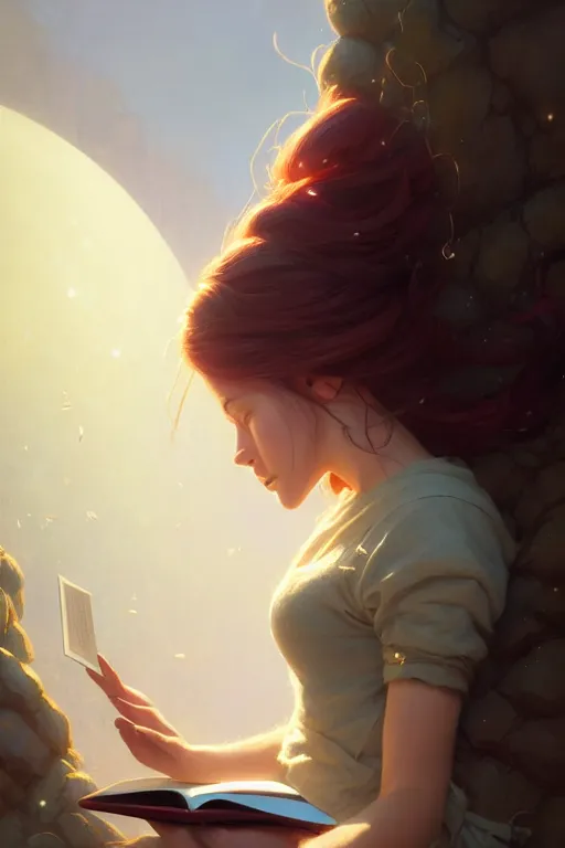 Image similar to highly detailed portrait of beautiful girl reading a book in pixar up, dynamic pose, stephen bliss, unreal engine, fantasy art by greg rutkowski, loish, rhads, ferdinand knab, makoto shinkai and lois van baarle, ilya kuvshinov, rossdraws, tom bagshaw, global illumination, radiant light, detailed and intricate environment