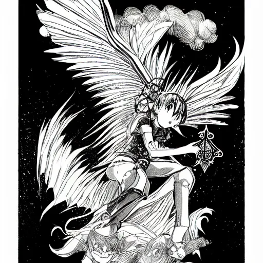 Image similar to precisely drawn illustration of anime flying griffon, old-fashioned tarot card, victorian playing card, sepia tone, wide angle, sharp, fine details, anime, manga, cyberpunk, intense line art, 8k, precise linework, realistic, shaded lighting by katsuhiro otomo ghost-in-the-shell, magali villeneuve, artgerm, rutkowski Jeremy Lipkin and Giuseppe Dangelico Pino and Michael Garmash and Rob Rey