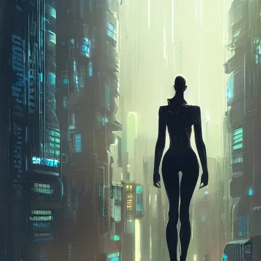 Prompt: a tall, broad-shouldered woman standing before a cyberpunk cityscape, dramatic lighting, illustration by Greg rutkowski, yoji shinkawa, 4k, digital art, concept art, trending on artstation