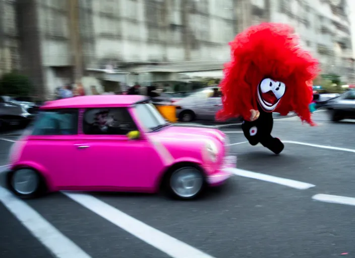 Image similar to A clown driving a pink Mini Cooper through an anime convention, motion blur, photo