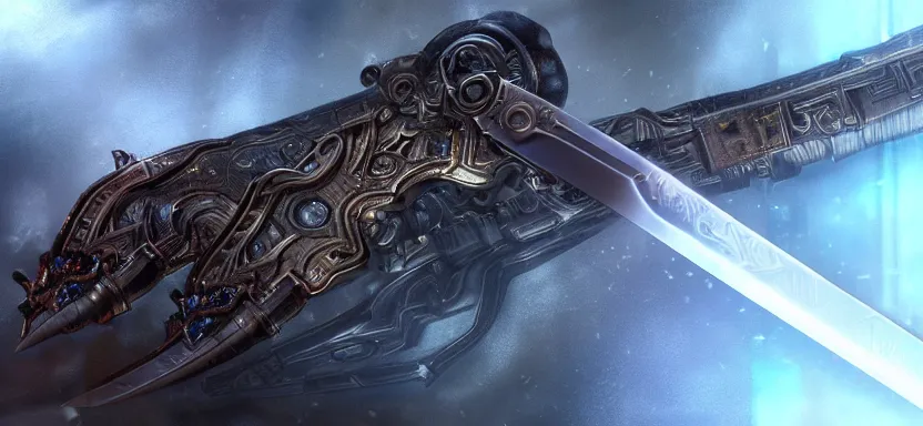 Image similar to legendary sword of cybernetic technology lying flat on a glowing table with a long sharp black and iridescent sword blade, digital award winning hd matte painting, intimate dark moody, intricate, ornate spikes, colorful hilt, detailed realistic, raytraced blade, colored gems, golden pommel, in the style of greg rutkowski and krenz cushart, deviantart