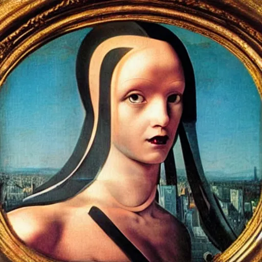 Prompt: close up portrait of a punk goth alien martian girl in a futuristic fluorescent retrowave city at night by david lachapelle, oil painting by canaletto hieronymus bosh leonardo da vinci piero della francesca botticelli