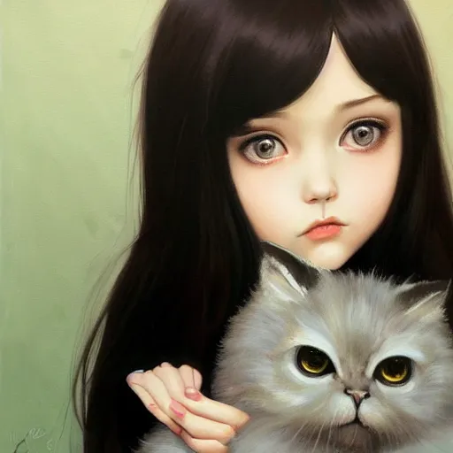 Image similar to a painting of cute emo girl, with long dark hair, thick eyebrows, dark eyes and dark circles wide nose, big eyes, oval face, big cheeks holding her cat, photorealistic painting by tran nguyen ilya kuvshinov and greg rutkowski featured on deviantart, detailed painting