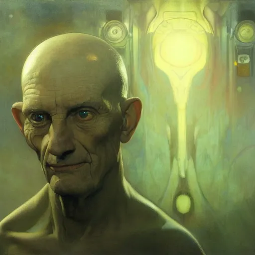 Prompt: hyperrealist portrait of an ancient old alien man with large cruel intelligent eyes and a huge head standing in front of a computer interface by jeremy mann and alphonse mucha and alan lee, fantasy art, photo realistic, dynamic lighting, artstation, poster, volumetric lighting, very detailed faces, award winning, full face, symmetry