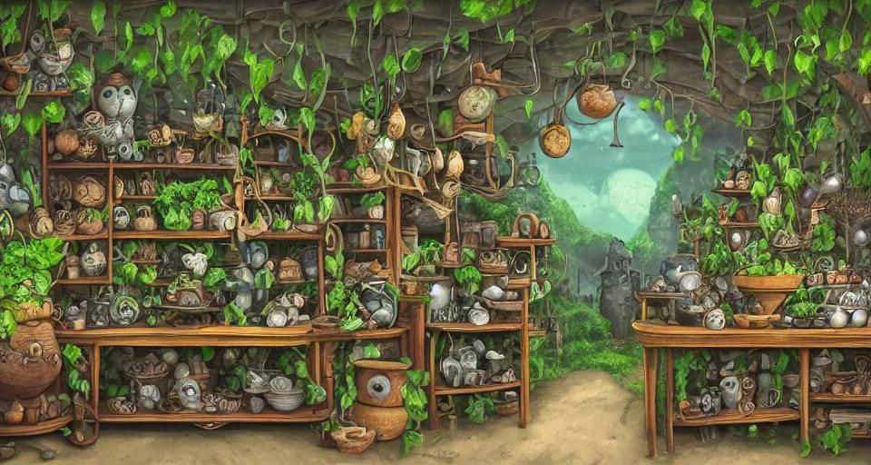 Image similar to small witch shop, counter, cauldrons, potions, hats, owls, ferns and vines, highly detailed, sharp focus, matte painting, by studio ghibli, by giovani magana,