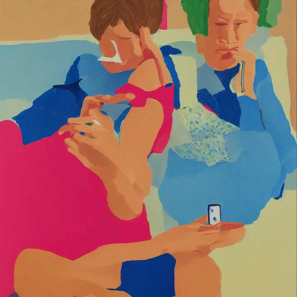 Prompt: i, a photorealistic painting of a beautiful woman playing her iphone, by david hockney