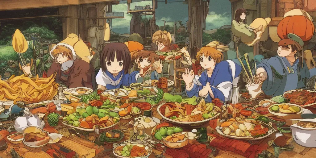 Prompt: A feast for the whole kingdom, very detailed, anime, Delicious, Plump, Juicy, Hot Food, large white border, hd, high resolution print :1 by Hayao Miyazaki, Nausicaa, studio Ghibli style, Anime wallpaper, cell shading, trending on deviant art :1