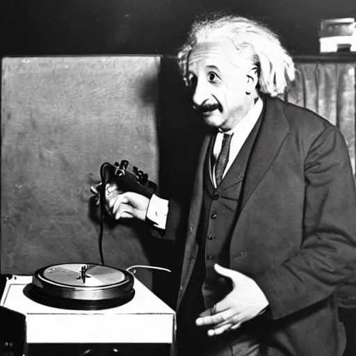 Image similar to photo of Albert Einstein DJing a record player at a nightclub, vintage, highly detailed facial features, at a nightclub