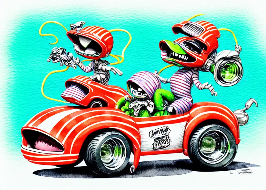 Image similar to cute and funny, ( stripe gremlin ) wearing a helmet riding in a hot rod with oversized engine, ratfink style by ed roth, centered award winning watercolor pen illustration, isometric illustration by chihiro iwasaki, edited by range murata, tiny details by artgerm and watercolor girl, symmetrically isometrically centered