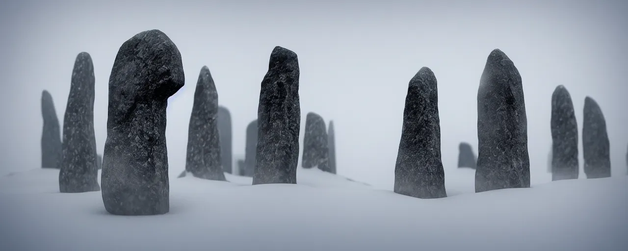 Prompt: a miniature diorama of neolithic standing stones, macro photography, grainy, snow, highly detailed, gloomy and foggy atmosphere, octane render, cinematic lighting tri - x, 8 k, hd