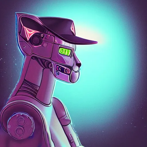 Image similar to a half robot cat wearing a hat, outrun, vaporware, shaded flat illustration, digital art, trending on artstation, highly detailed, fine detail, intricate