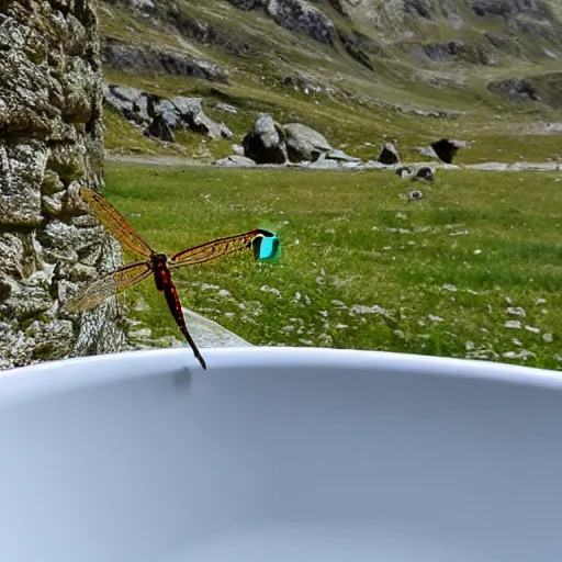 Image similar to dragonfly in a bathtub in the alps, sheep!!! in background