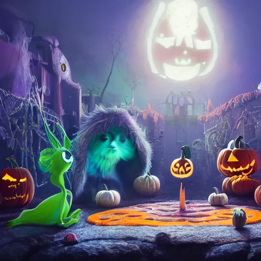 Prompt: halloween celebration, expressive eyes, floating, rbc, bunny, radiolaria, protophyta, micro - organisms, center frame, symmetric, rim light, marine microbiology, bioluminescence, electric, fur, soft, concept art, intricate details, highly detailed, colorful, photorealistic, disney pixar, octane render,