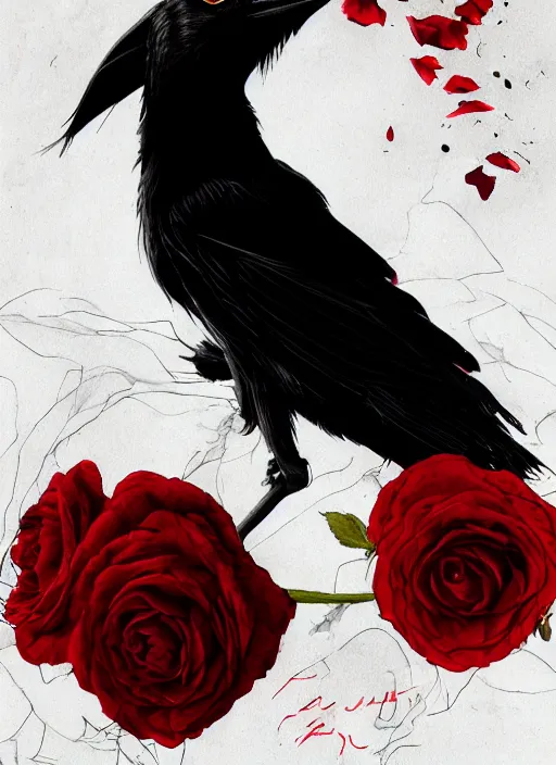 Image similar to portrait, A crow with red eyes in front of the full big moon, book cover, red roses, red white black colors, establishing shot, extremly high detail, foto realistic, cinematic lighting, pen and ink, intricate line drawings, by Yoshitaka Amano, Ruan Jia, Kentaro Miura, Artgerm, post processed, concept art, artstation, matte painting, style by eddie mendoza, raphael lacoste, alex ross