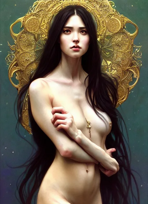 Image similar to sansan suicide realistic,, surealism, aesthetic, shiny, fantasy, intricate, elegant, extremely higly detailed, digital painting, artstation, body symmetrical anatomy, baroque, concept art, photoshop, krita, smooth, sharp focus, full body focus, illustration, digital painting, art by artgerm and greg rutkowski and alphonse mucha