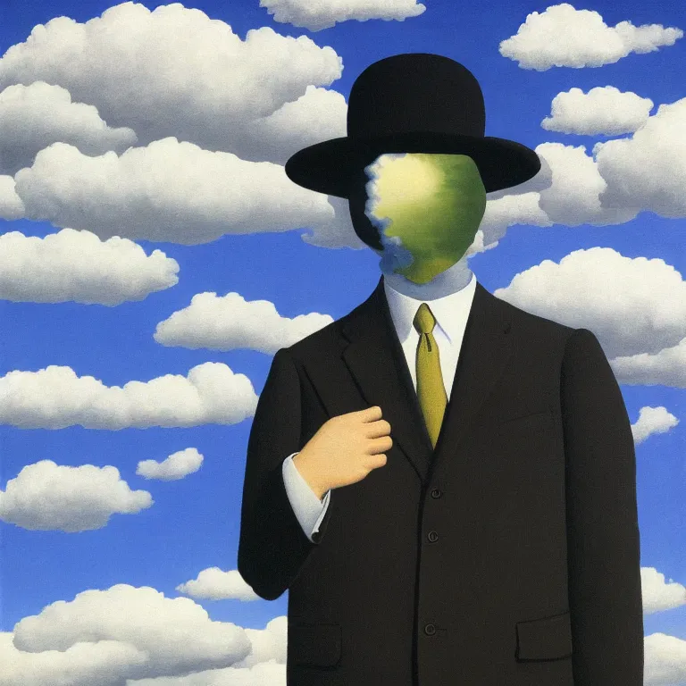 Image similar to portrait of a faceless shadow - head man in a suit, clouds in the background, by rene magritte, detailed painting, distance, centered, hd, hq, high resolution, high detail, 4 k, 8 k