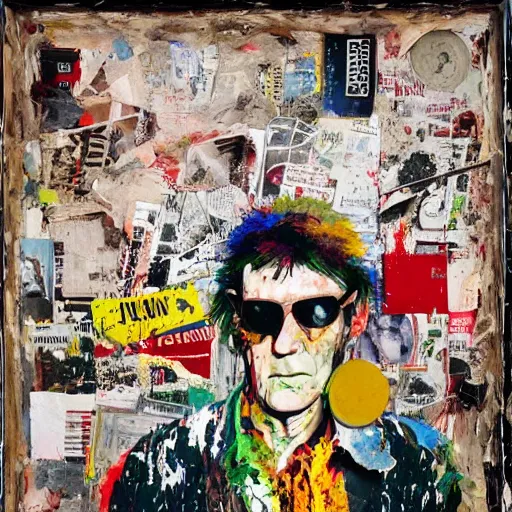 Image similar to hyperrealistic, photorealistic, mixed media oil painting of hunter s thompson, magazine scraps, plaster, blood, oil, mustard, splatter, greg rutkowski, basquiat, ralph steadman, wesley kimler, terry gilliam, andy warhol, dali