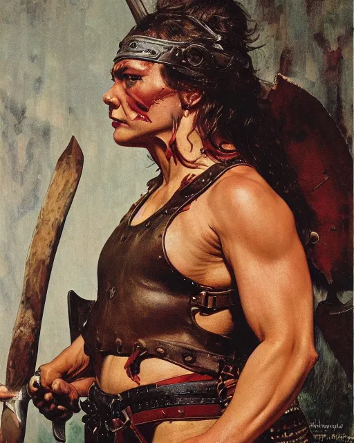 Image similar to frontal portrait of a savage muscular barbarian female with leather armor, by norman rockwell