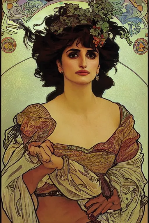 Image similar to portrait of penelope cruz, artwork by alphonse mucha