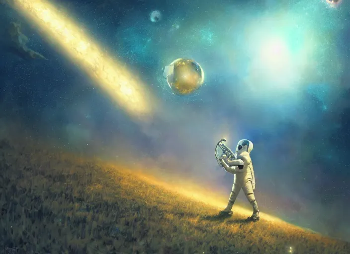 Image similar to craig mullins and ghibli digital illustration of an astronaut in the middle of the cosmos playing the saxophone, full body, strong contrast, earth, galaxies, ethereal, inviting, bright, raking light from constellations, unreal engine, hyper realism, realistic shading, cinematic composition, realistic render, octane render, detailed textures, photorealistic, wide shot