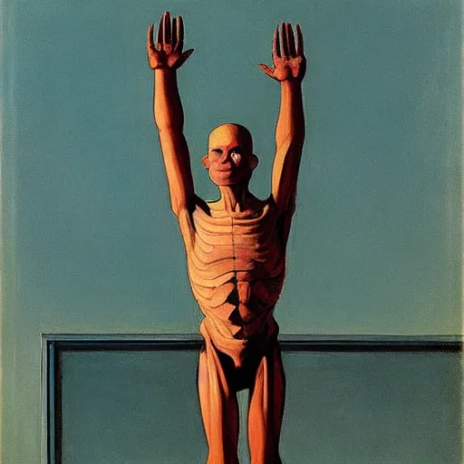 Prompt: biomechanical human raising his hands into the sky by edward hopper