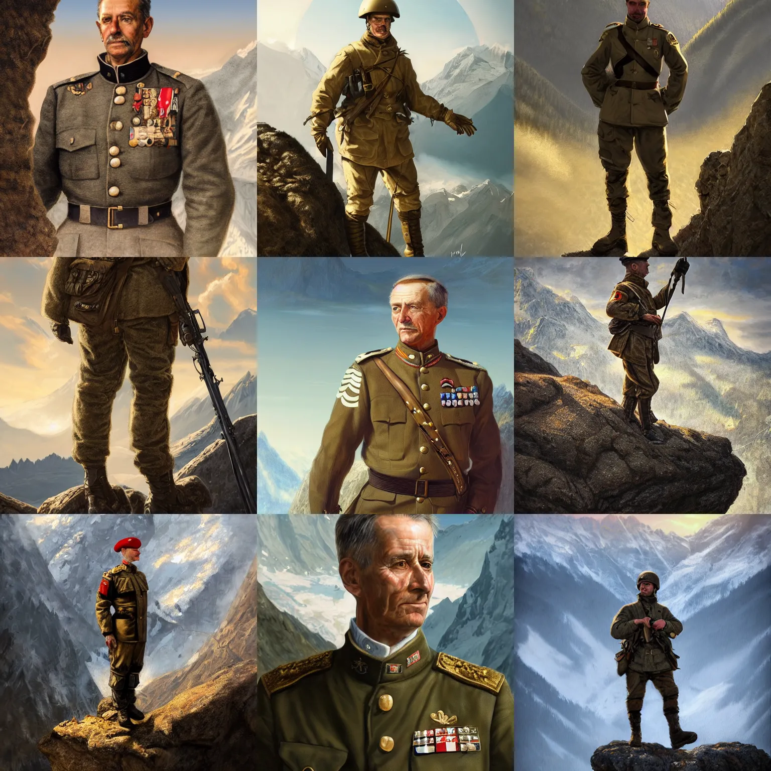 Prompt: portrait of a Swiss military general, standing on a rock in the Swiss alps, realistic, intricate, golden light, highly detailed, digital painting, artstation, concept art, smooth, sharp focus, illustration, art by WLOP