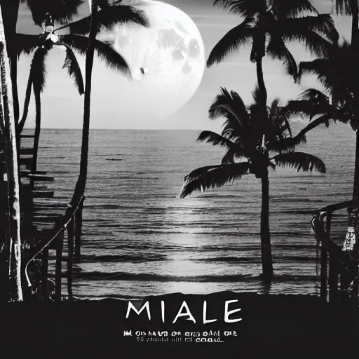 Image similar to miracle musical Hawaii part ii album cover, showing an ocean in the background, spiral transparent stairs on the left with tall palm trees behind it, a slight rainbow in the background, white outline border, moon in the right top area black and white