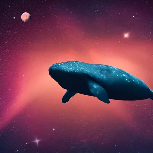 Image similar to portrait of space whale on a dark night sky in space, flying across the universe, oniric, dreamy, beautiful, highly detailed, realistic, cinematic, dynamic composition