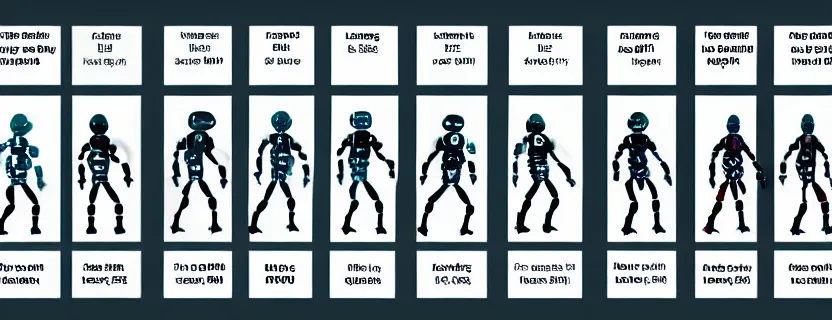 Image similar to an evolution diagram from left to right of robots, 8 k, hyper realistic. the left side robots are shorter, led lights, dancing