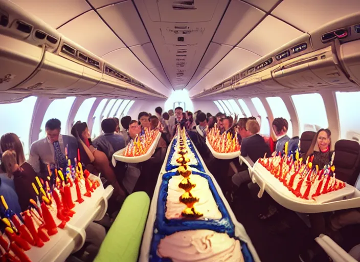 Prompt: boeing 737 cabin, many rich people, birthday party, party hats, string of balloons, one big birthday cake, realistic, insanely detailed, wide angle, Unreal 5 engine, trending on artstation, by Huang Guangjian and Gil Elvgren and Sachin Teng