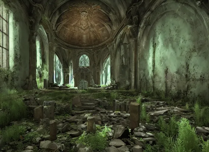 Prompt: The old cathedral was abandoned long ago, and now it is nothing more than a mossy ruin. But when a group of adventurers stumble upon it, they quickly realize that this place is far from ordinary. Deep within the ruins, they find a secret chamber that is filled with treasure