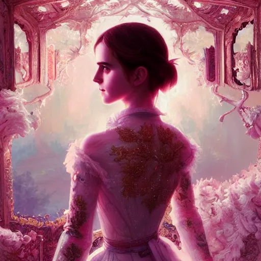 Image similar to emma watson as a beautiful young girl in intricate clothing by ross tran, walking in a castle painted by sana takeda, rtx reflections, very high intricate details, painting, digital anime art, medium shot, mid - shot, composition by ilya kuvshinov, lighting by greg rutkowski