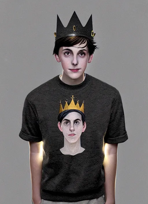 Image similar to portrait of teenage jughead jones wearing a light grey crown, photorealistic, crown, eyes closed, crown, black hair, sweater with letter s on it, letter s, intricate, elegant, glowing lights, highly detailed, digital painting, artstation, concept art, smooth, sharp focus, illustration, art by wlop, mars ravelo and greg rutkowski