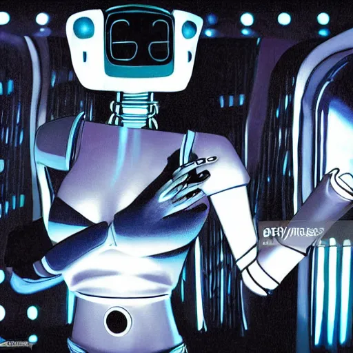 Prompt: beautiful romantic seductive robot android woman with bright lipstick sings on stage in a dimly lit futuristic nightclub, dark city, twilight zone