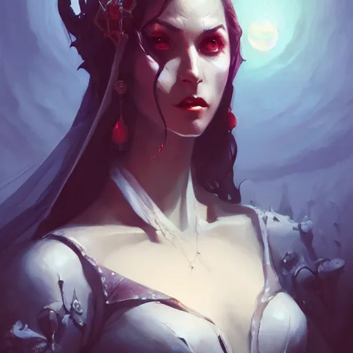 Image similar to a portrait of a beautiful bride of dracula, concept art by pete mohrbacher and wlop and artgerm and guweiz and ilya kuvshinov, digital art, highly detailed, intricate, sci - fi, sharp focus, trending on artstation hq, deviantart, unreal engine 5, 4 k uhd image