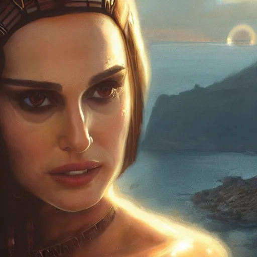 Image similar to closeup portrait of natalie portman as cleopatra, palace background, dramatic light, gorgeous view, depth, high detail, digital art, painted by greg rutkowski and seb mckinnon, neuromancer, trending on artstation