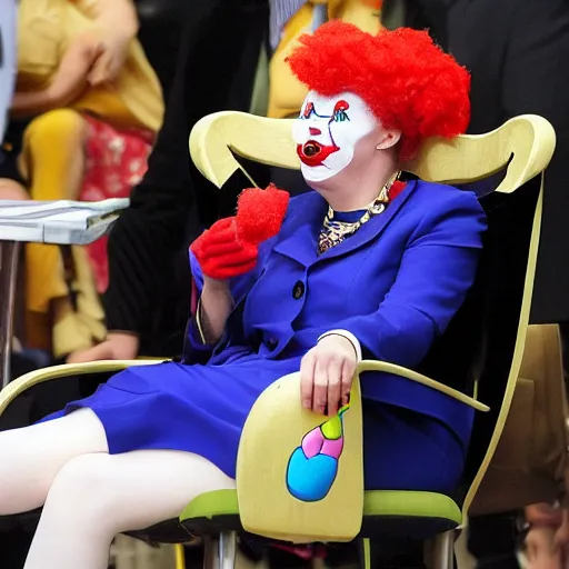 Prompt: conservative mp liz truss sitting in a chair and looking sad and wearing a clown costume, editorial photograph