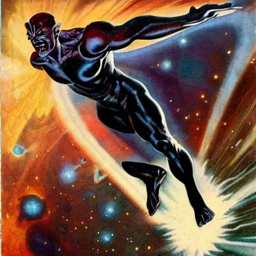 Image similar to Silver Surfer flying through space, by Frank Frazetta