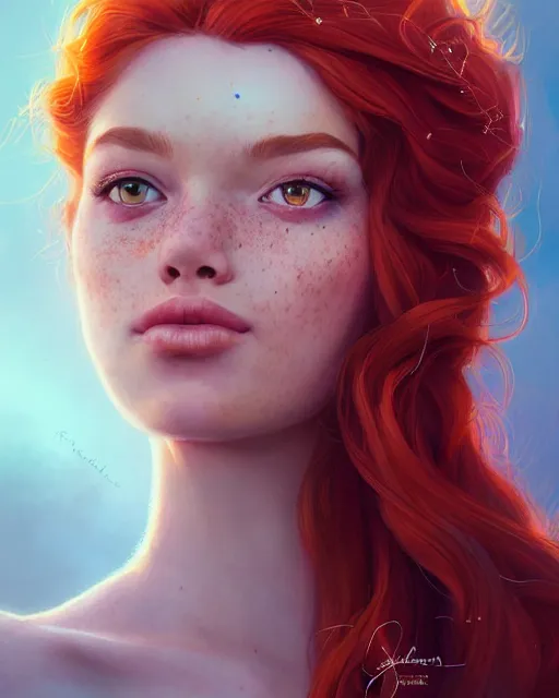 Image similar to autumn princess portrait, tangled red hair, freckles, artgerm, photorealism, radiant halo of light, sylvain sarrailh