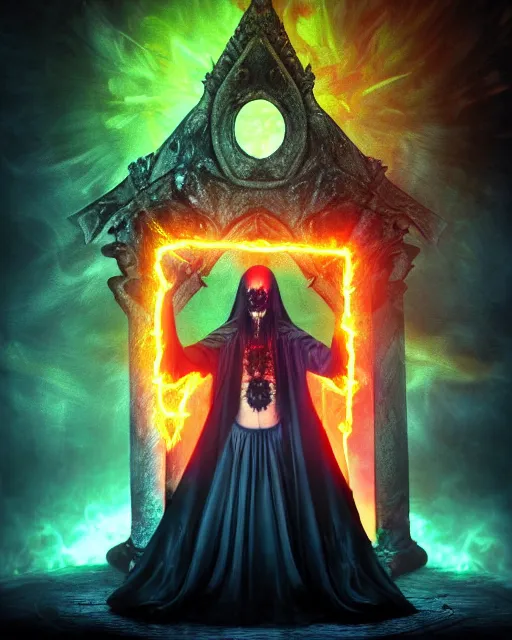 Prompt: photorealistic digital painting of floating mage summoning a demon in the middle of dark room, demon is emerging from a fiery portal with glowing runes, vibrant colors, gothic, horror, high production value, intricate details, high resolution, hdr, high definition, masterpiece, realistic, ultrarealistic, highly detailed, hd, sharp focus, non blurry, sharp, smooth