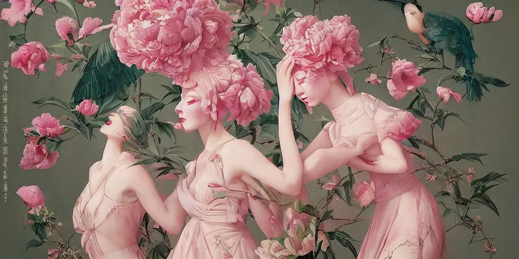 Image similar to breathtaking detailed concept art deco painting blend of pink short hair goddesses of peonies by hsiao - ron cheng with anxious piercing eyes, vintage illustration pattern with bizarre compositions blend of flowers and fruits and birds by beto val and john james audubon, exquisite detail, extremely moody lighting, 8 k