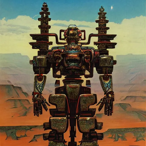 Image similar to elaborate mayan art deco mecha in mesa landscape by j. c. leyendecker, barlowe, makoto kobayashi, and beksinski