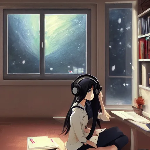 Image similar to Anime painting of a black haired girl wearing headphones while studying in her warm cozy home, by makoto shinkai, relaxed, calm, atmospheric, peacefull, trending on artstation, kimi no na wa