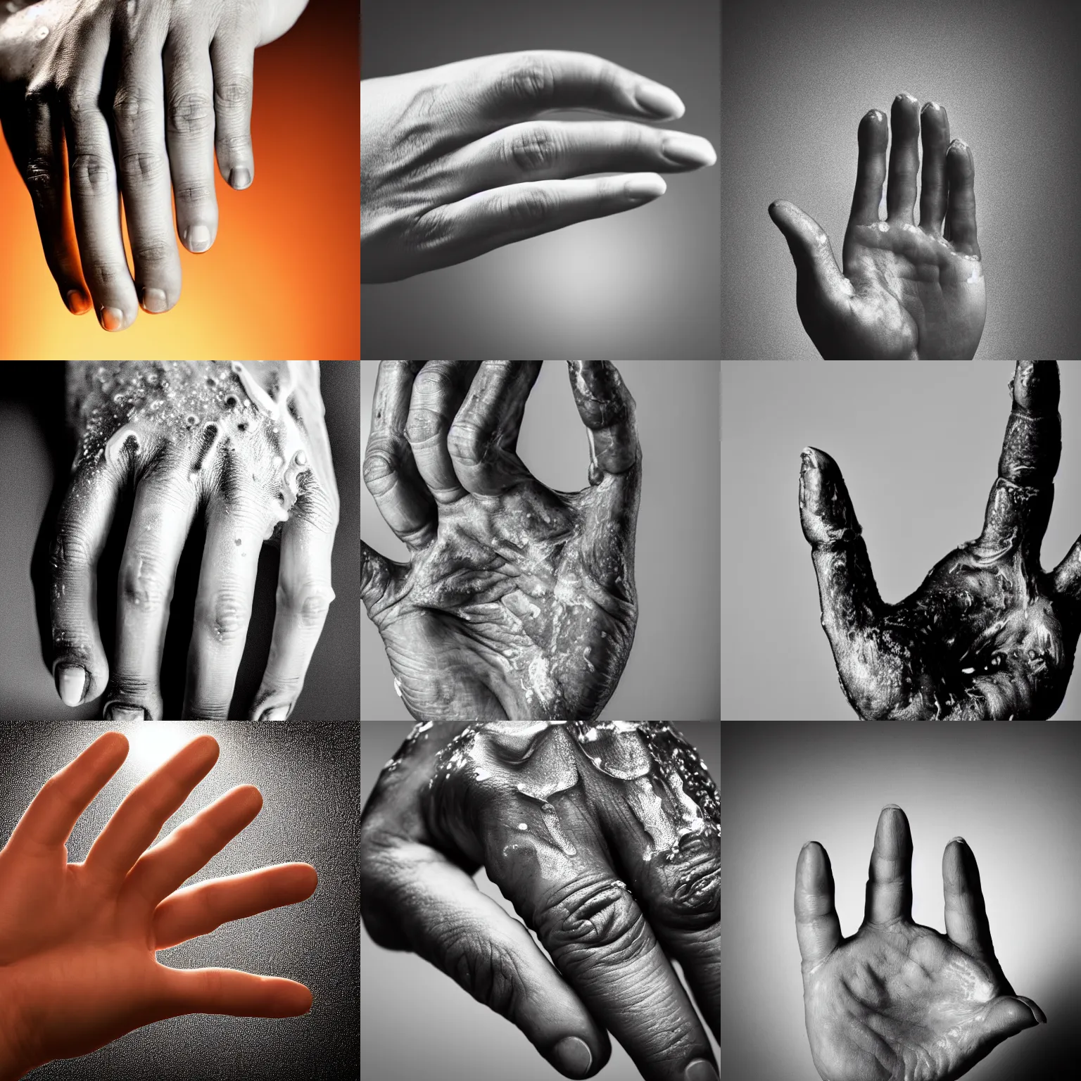 Prompt: closeup of an old human hand with 5 fingers covered in baby oil, backlit, monochrome, high contrast, studio lighting