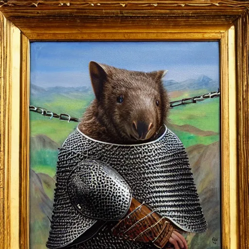 Prompt: an oil painting of a wombat wearing medieval chain mail and armor