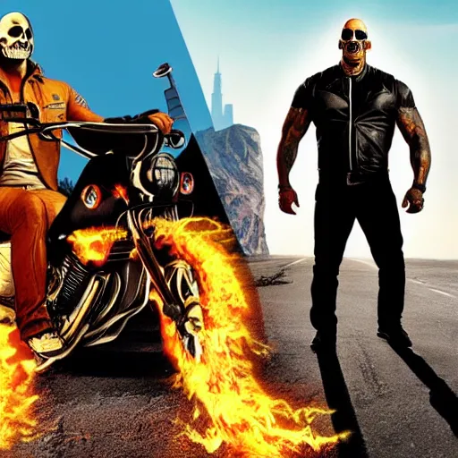 Image similar to dwayne johnson as ghost rider, showing his skull, gta cover art