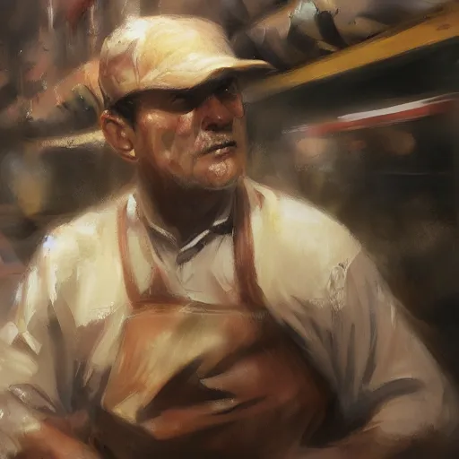 Prompt: low angle of the butcher's face, closeup of a butcher working, artwork by craig mullins