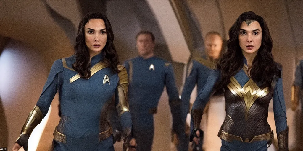 Prompt: gal gadot, in full starfleet uniform, is the captain of the starship enterprise in the new star trek movie